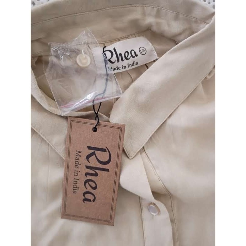 NWT RHEA Tan Tiered Babydoll Mini Dress L/XL Oversized Boho Viscose Short Sleeve - Picture 7 of 12